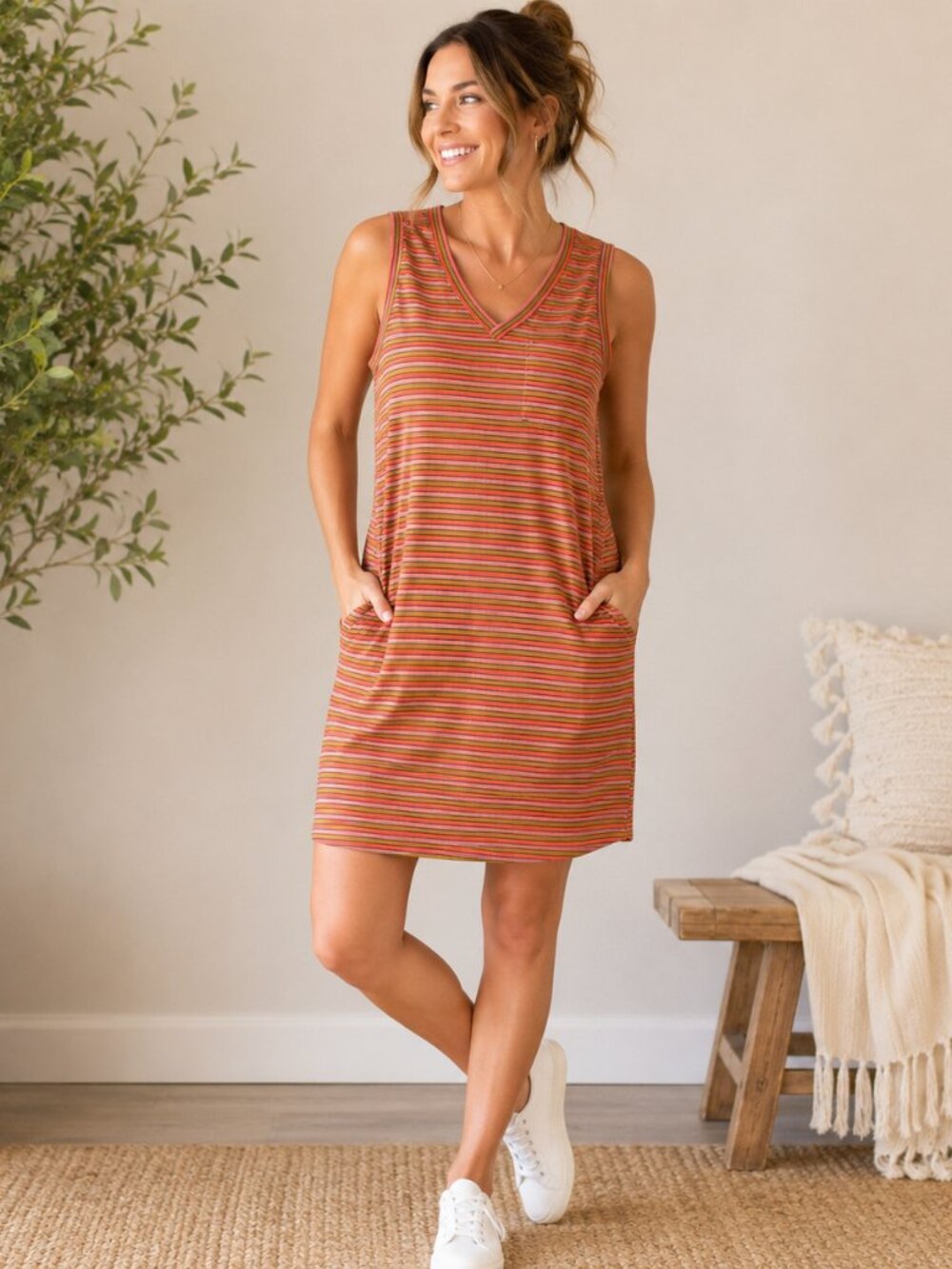 Toad&Co Swifty Tank Dress Medium Striped Sleeveless TENCEL Pocket Casual Dress